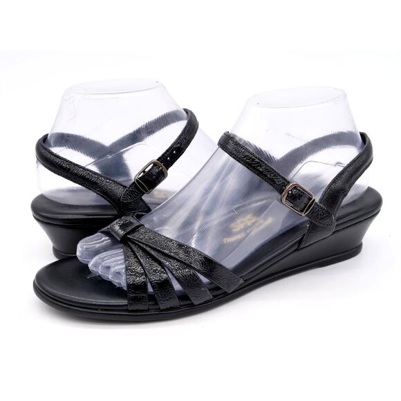 SAS Sandals Womens 8.5 S Black Patent Leather Open Toe Ankle Strap Wedge Heel - Picture 1 of 11